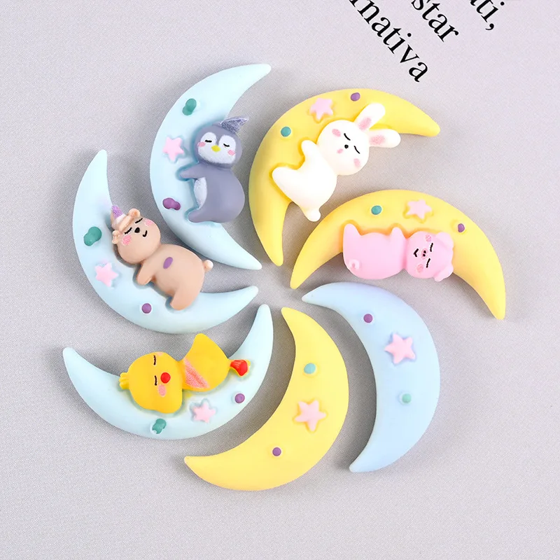 

10 Pcs Cute Cartoon Moon Animal Hug the Moon to Sleep Kawaii Decoration Lovely Children Adult DIY Jewelry Accessories