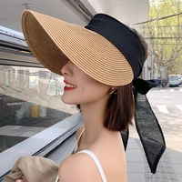 ht3148 women summer sun hat ladies wide brim visor cap adjustable black bow sun visor hat female packable beach cap straw hat