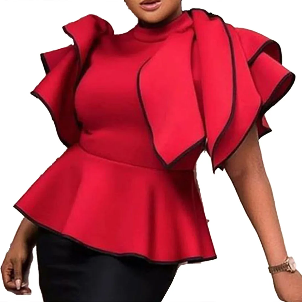 

High Waist Tunic Peplum Ruffle Top Africa Women Summer Short Sleeve Blouse Office Work Wear Plus Size Party Female Blouses Shirt