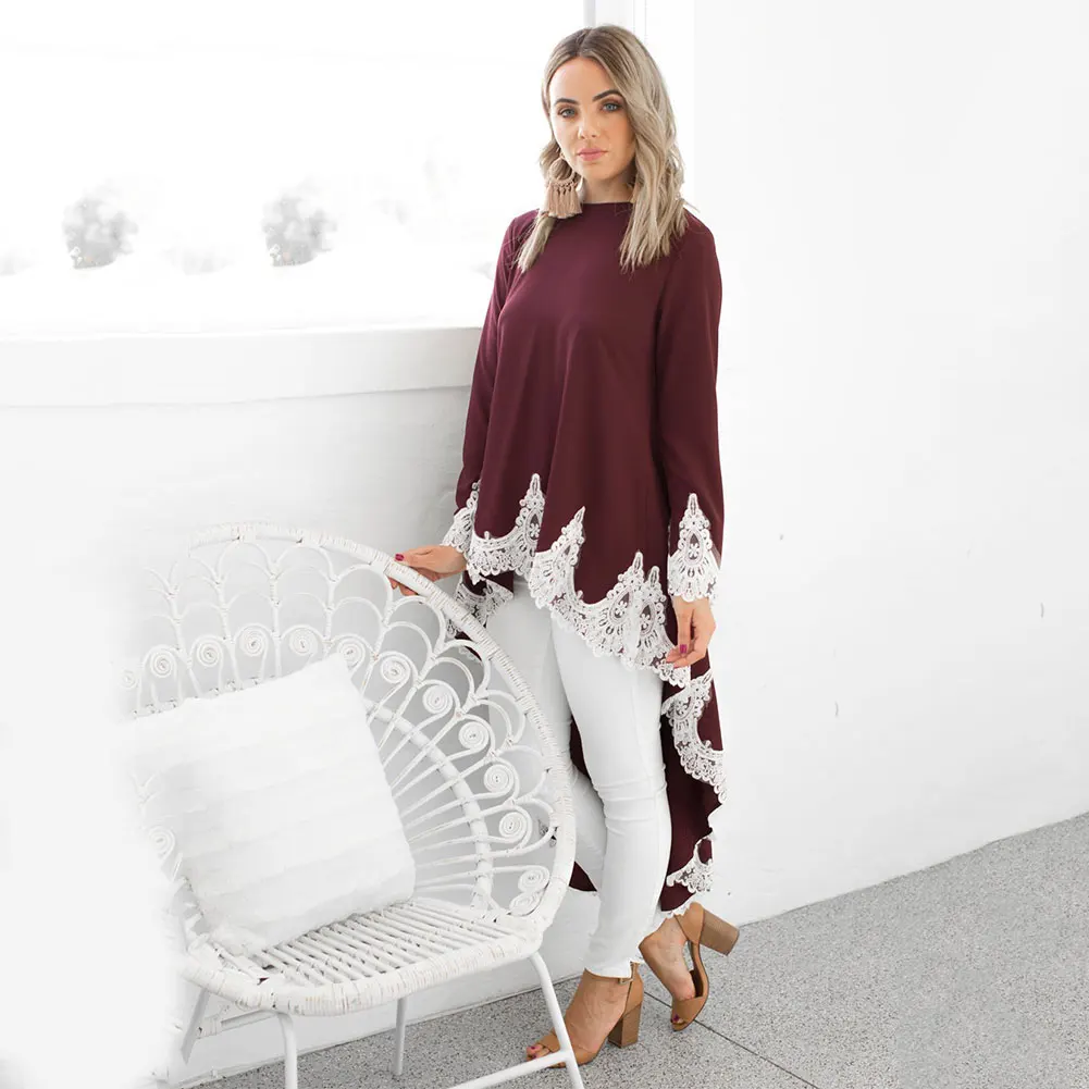 

Round Neck Fashion Soft Irregular Hem Long Sleeve Elegant Ladies Women Dress Autumn Lace Solid Casual Holiday Daily