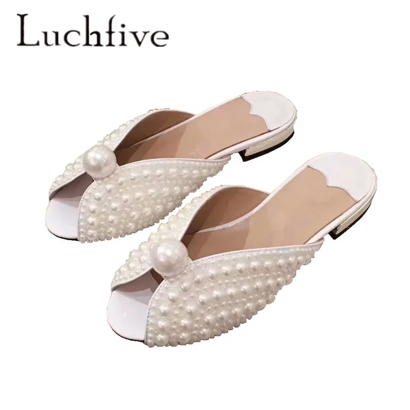 Элегантные шлепанцы цвета слоновой кости с жемчугом Туфли без задника открытым