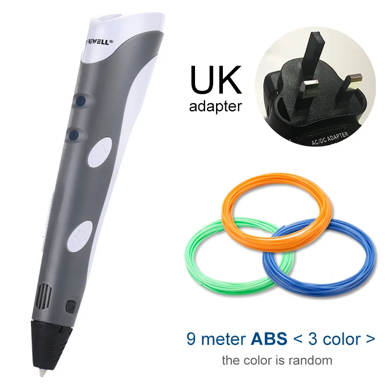 Myriwell, 3D Ручка,, сделай сам, 3D печать, ручка с 100 м ABS/PLA нитью, креативная игрушка, подарок для детей, дизайнерский рисунок - Цвет: Grey UK