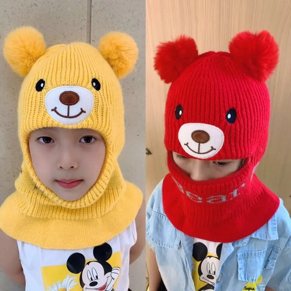 Шапка-бини с мультяшным медведем для мальчиков и девочек зимняя теплая вязаная