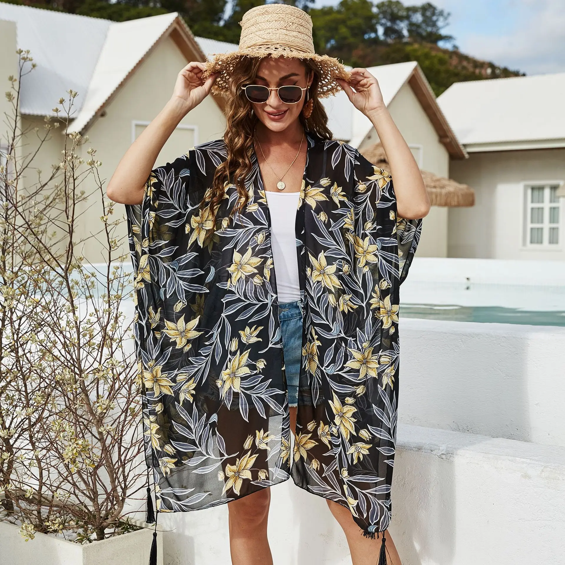 

Printed Beach Dress Floral Sun Protection Chothing Bikini Barhing Suit Cover Up Beachwear Women Swimwear Summer Cardigan Dress