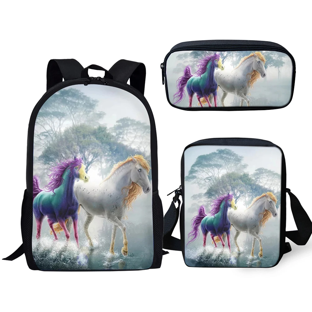 HaoYun Fashion 3PCs Set Backpack Cute Horse Pattern Kids School Bags Students Fantasy Unicorn Backpack/Flaps Bag/Pen Bags