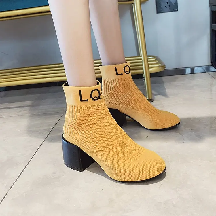 Желтые черные сапоги-носки на высоком каблуке женская зимняя обувь элегантные