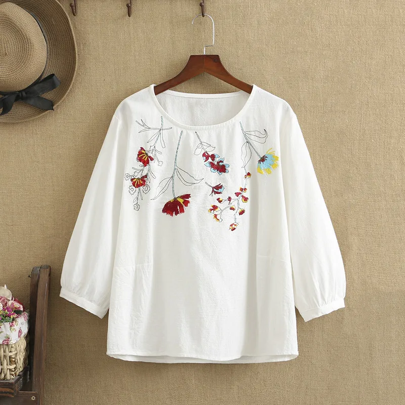 

plus size shirts for women fashion Long Sleeves O-Neck Embroidery Chinese wind flower pattern Loose shirt for spring fall dress