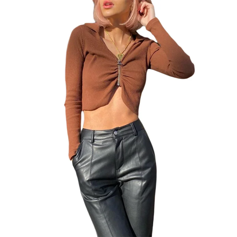 

2021 Newest Women's Sexy Zip Up Crop Tops Fashion Long Sleeve V Neck Solid Color Ruched Rib Knit T-Shirts Brown/Black