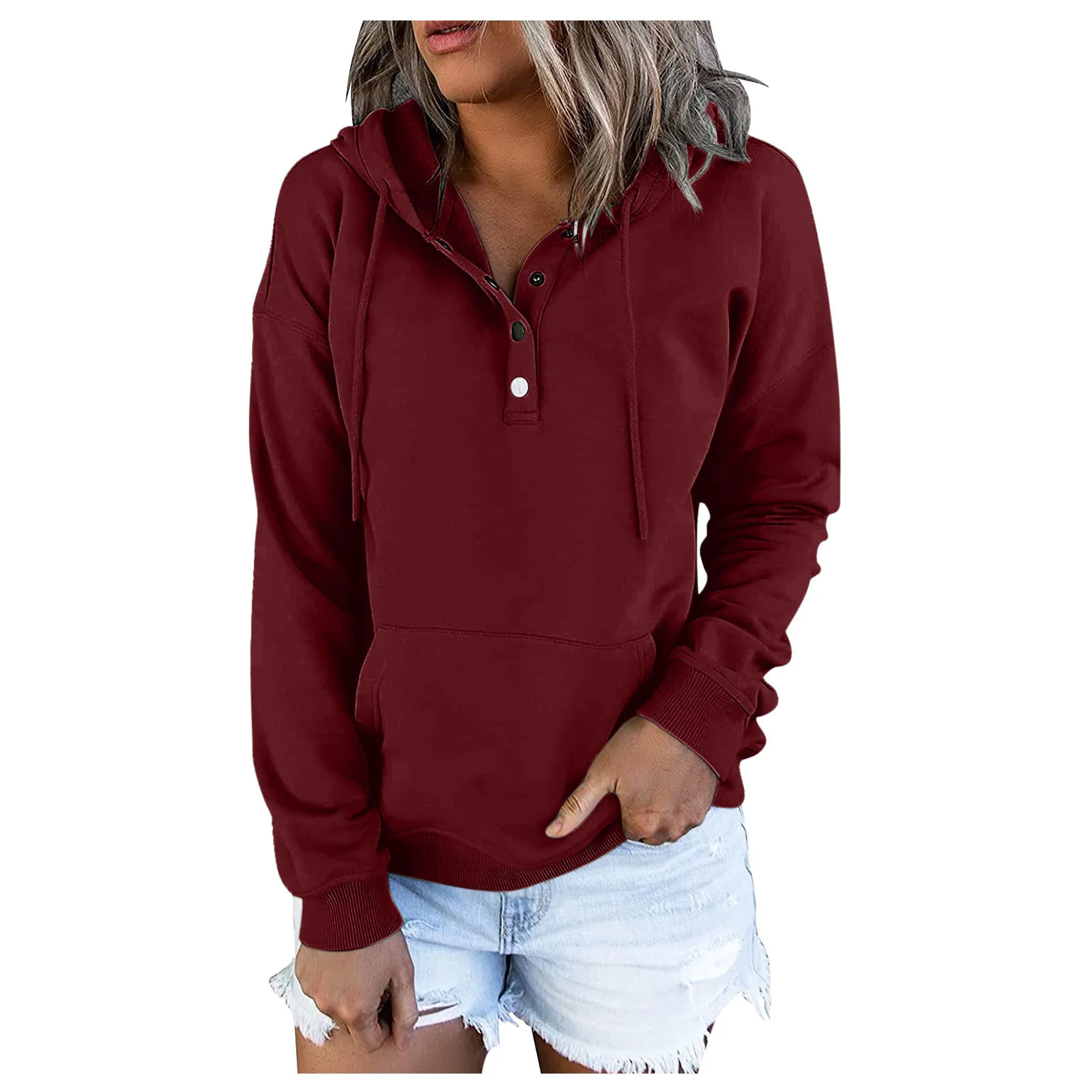 

Pullover For Womens Button Down Hoodies Drawstring Hooded Pocket Casual Long Sleeve V Neck Sweatshirts Fast Shipping In Stock