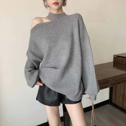 

SuperAen Korean Off Shoulder Pullovers Sweater Women 2019 Autumn and Winter New Irregular Ladies Sweater Solid Color Knit Tops