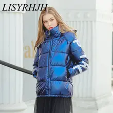 Winter Parka Women's Glossy Hooded Down Cotton Jacket Thick Bright Green Blue Shiny Jackets Letter Printed Loose Parker Coat