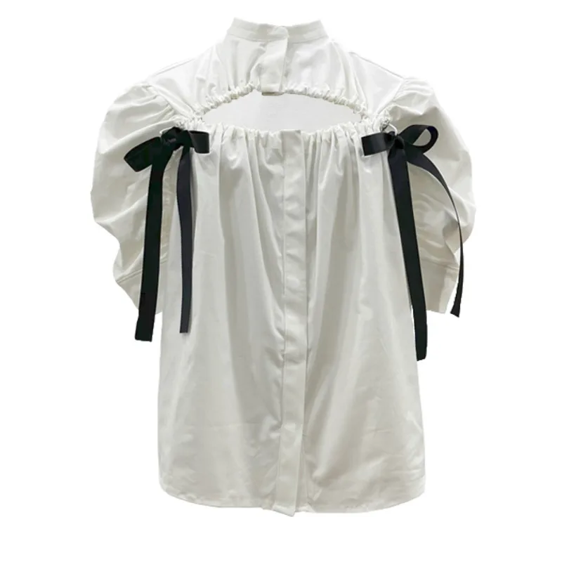 

DEAT Women White Patchwork Hollow Out Lace Single Breasted Blouse New Lapel Long Sleeve Loose Shirt Fashion Summer 2021 7E1375