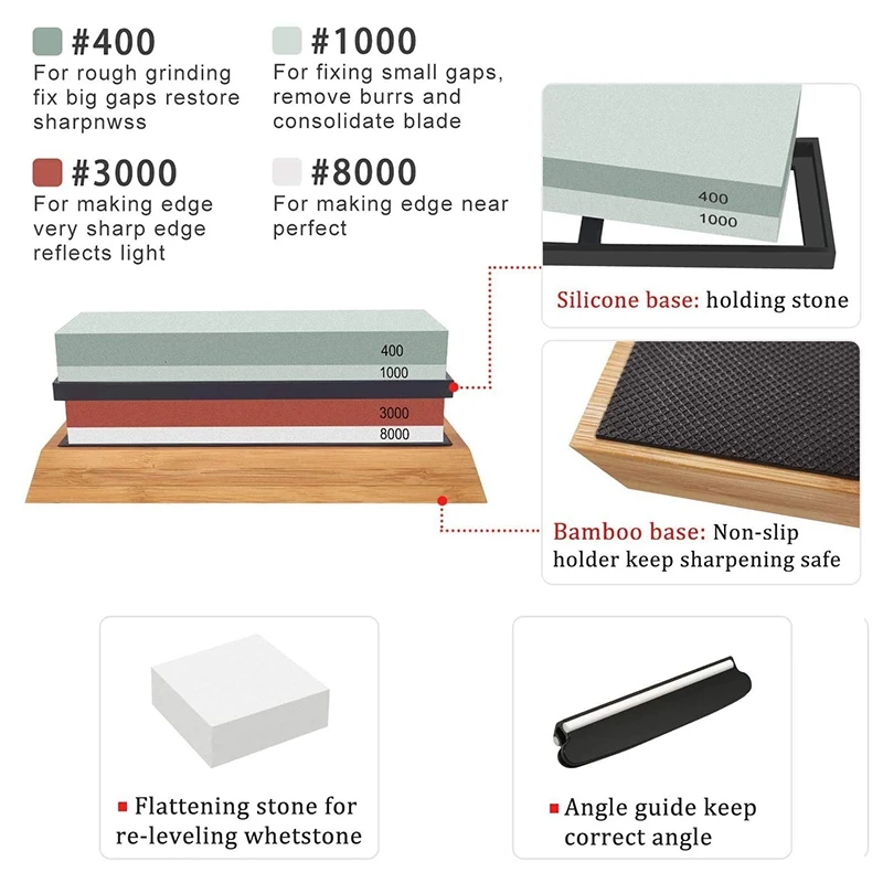 

Knife Sharpening Stone Set - 4 Side Grit 400/1000 Premium Sharpener Stone Kit Includes NonSlip Bamboo Base, Angle Guide