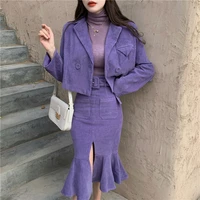 women two piece purple dress sets casual long sleeve blazer split trumpet skirt office lady spring fall solid suits coat jacket