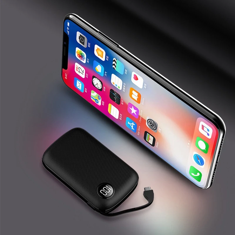 Портативное зарядное устройство Mini Power Bank с цифровым дисплеем Встроенный кабель