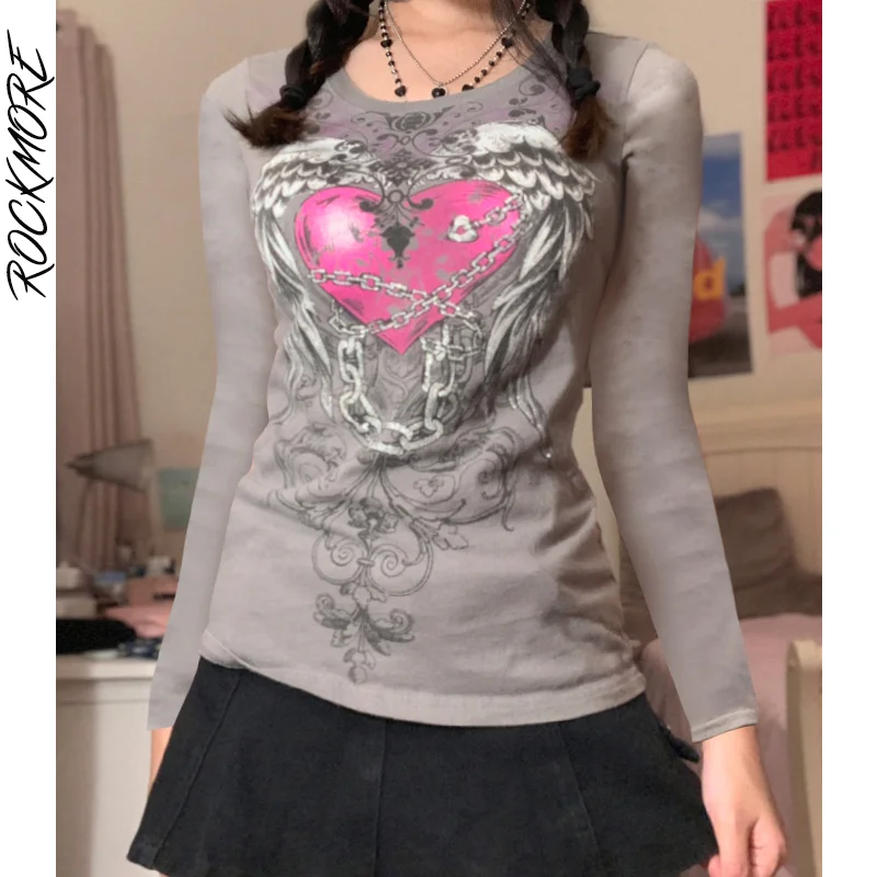 

Rockmore Aesthetic Print Tops Women Y2K Kawaii Casual Long Sleeve T-shirt Basic O-neck Graphic Tee Shirts 90s Grunge Fairycore