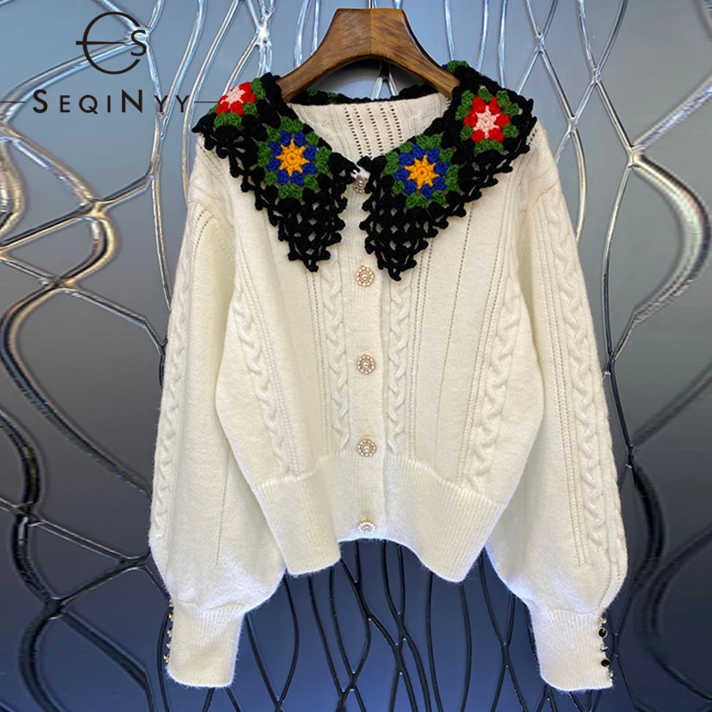 

SEQINYY Sweater Top Autumn Winter New Fashion Design Women Runway Red Flowers Beige Knitting Jacket
