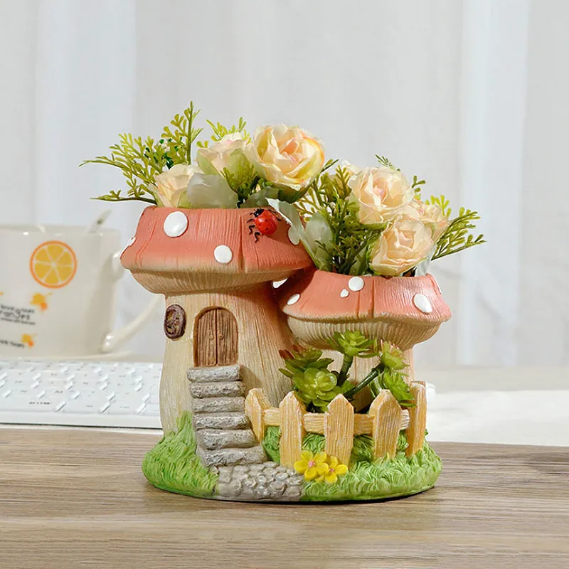 

Mushroom Resin Flower Pot Tree House Sculpture Decoration Desktop Garden Micro Landscape Potted Plants Pots Materas Bloempot