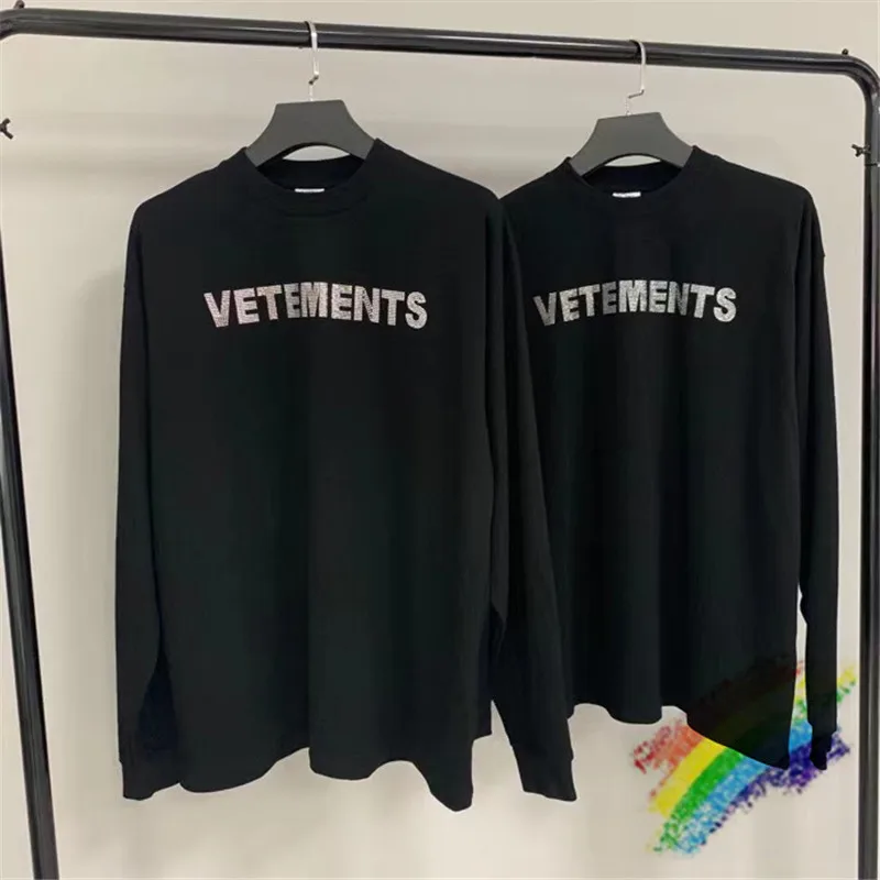 

Bling Vetements Long Sleeve T-shirt Men Women 1:1 High Quality Heart Flame Flash Drilling Vetements T Shirt Embroidered VTM Top