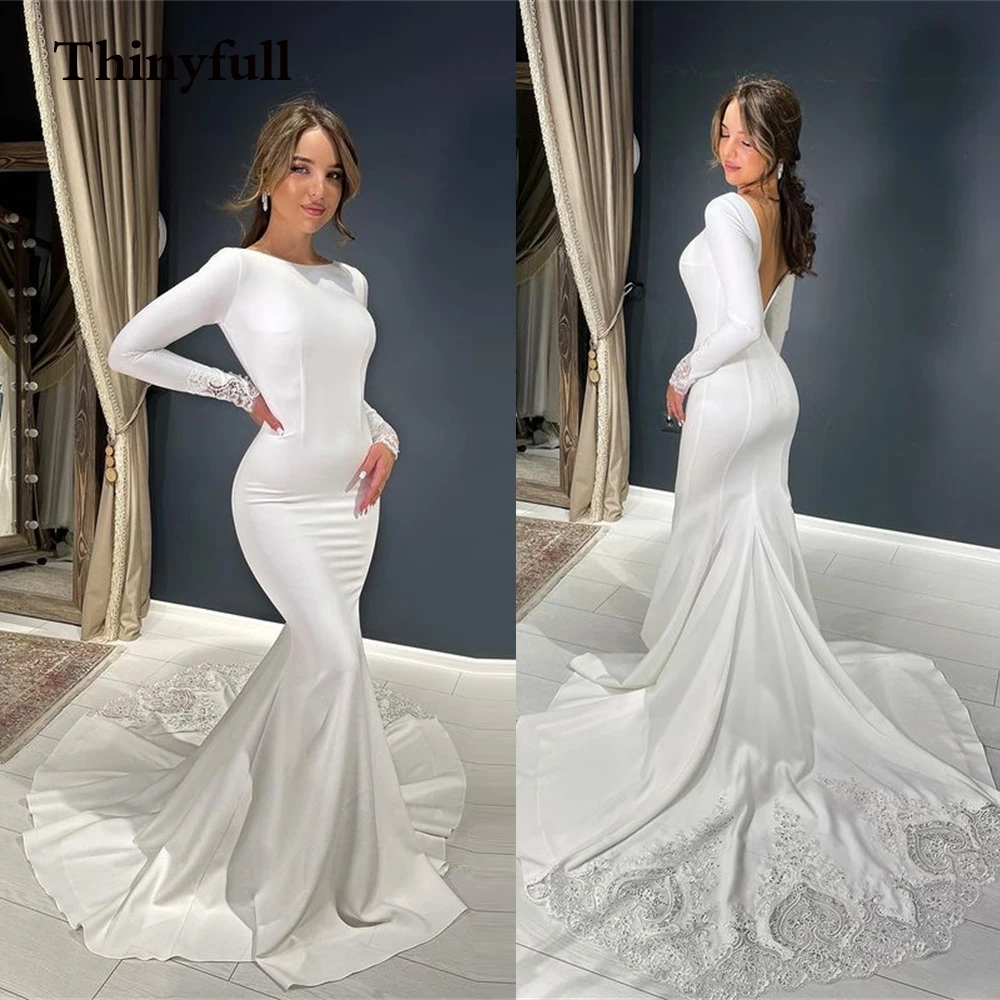 

2022 Lace Flower Long Mermaid Soft Wedding Dresses Long Sleeves Long Train Backless Bridal Party Bride Gowns Vestido De Noiva