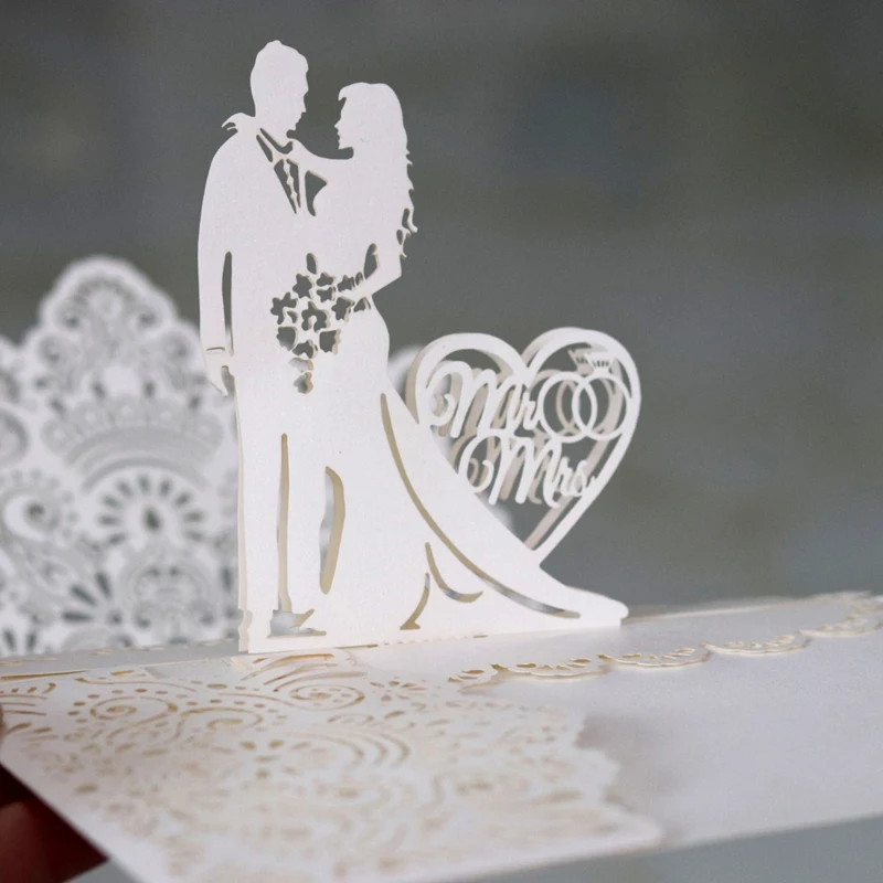 (10 шт./лот) 3D обручальное кольцо Mr & Mrs дизайн пригласительная карта лазерное