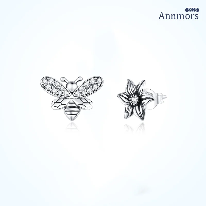 

Annmors Asymmetry Silver Plating Butterfly Flower Stud Earrings CZ Zircon Korean Fine Jewelry for Women Girls Retro Earring