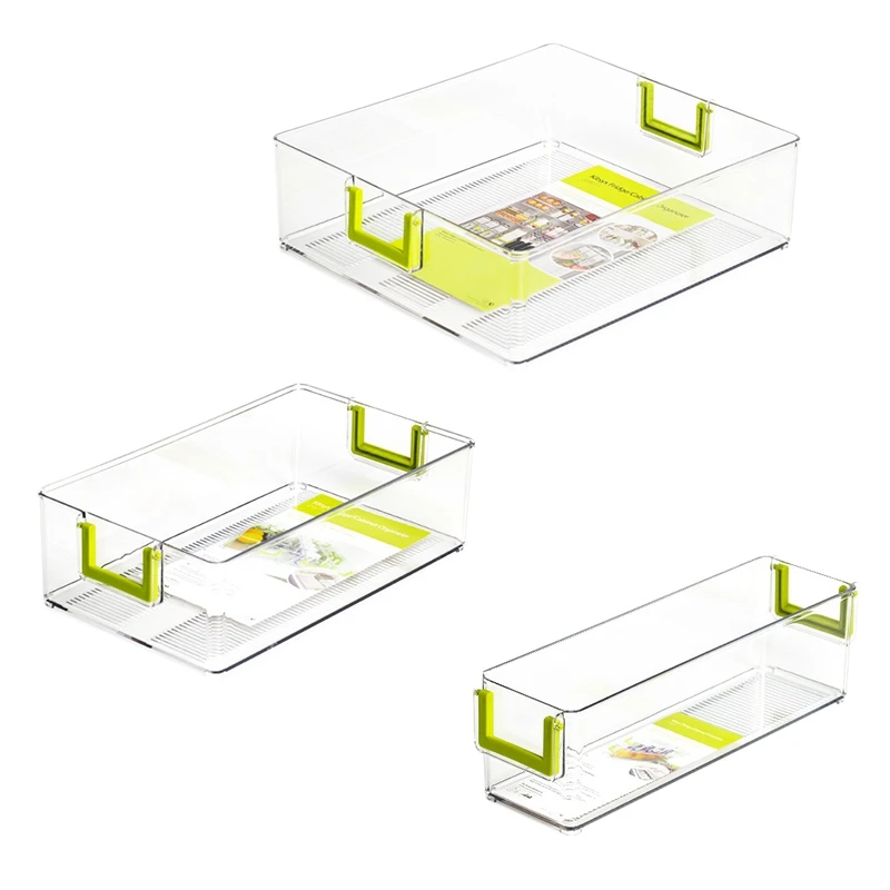 Новая прозрачная пластиковая организаторная корзина для хранения продуктов и напитков в холодильнике с ручкой для кухонного кладового помещения.