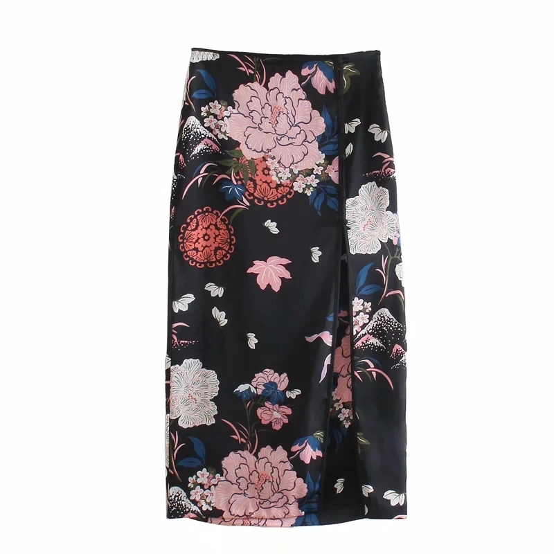 

Za Women Elegant Slit Wrap Half Length Skirt Fashion Vintage Floral Print Midi Pencil Skirts Chic Side Zipper High Waist Faldas
