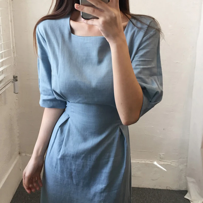 Платье женское летнее из хлопка и льна с круглым вырезом коротким рукавом |