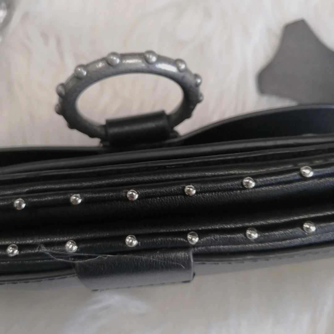 Women Mini Shoulder Bags Rivet Decoration Black Genuine Leather Metal Chain Wing New Fashion All-match Ladies Bag 2021 | Багаж и сумки