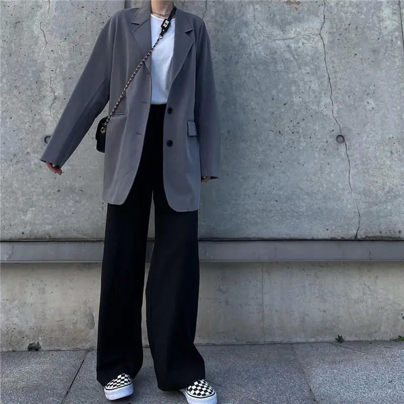 

Women Sets Autumn Leisure Two Piece Grey Blazers Loose Korean Style Female Outwear Black Pants Wide Leg Trousers Mopping Daily