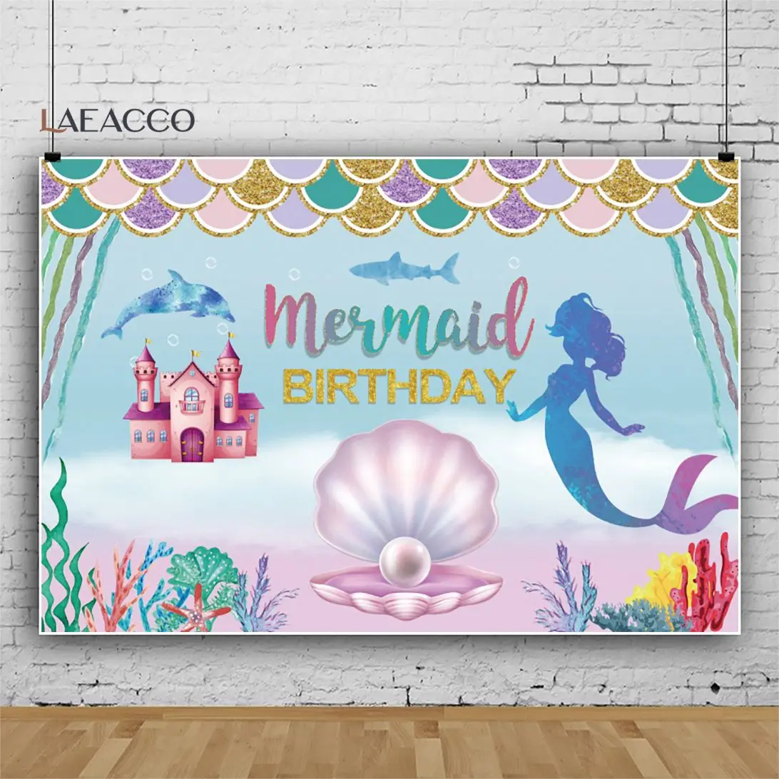 

Фон для фотографирования новорожденных с изображением русалки морского дна кораллов жемчуга замка