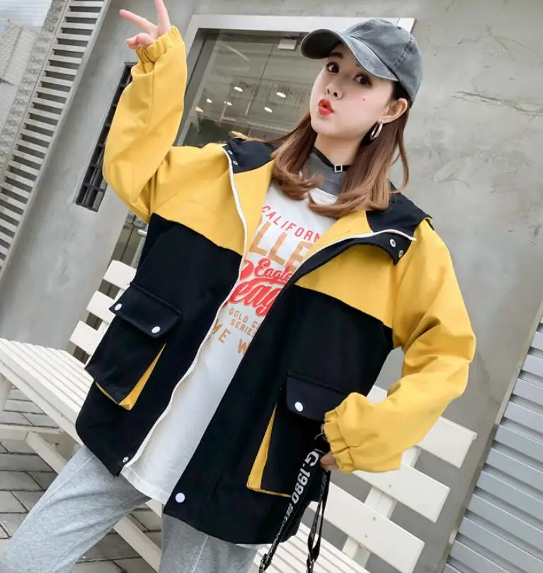 

Casual bf tooling Female Coats Korean 2020 New Spring Autumn Women chic loose Hooded Windbreaker Jacket Outerwear Girls Top 2xl