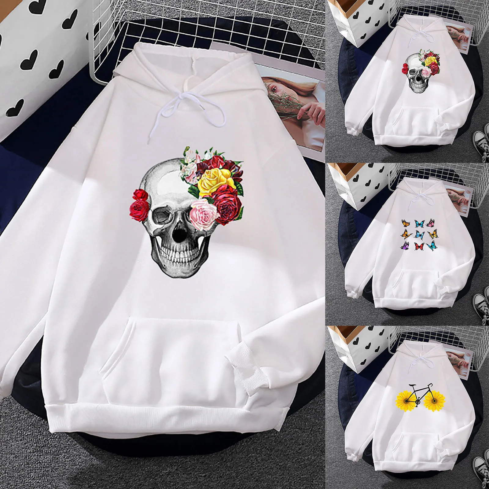 

COTTON Skeleton Butterfly Hooded Sweatshirt Women Casual Cycle Printed Loose Button Tunic Hoodies Tops Hip