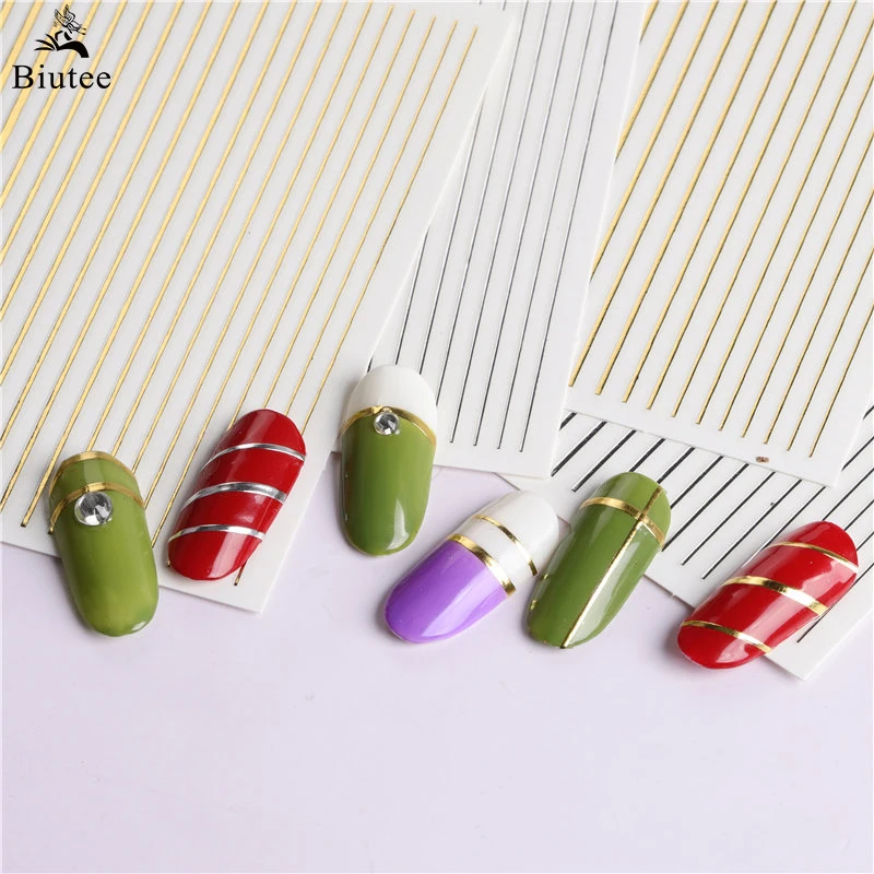 

Biutee 1Pc Gold 3D Nail Sticker Stripe Lines Nails Stickers DIY Nail Art Stickers Decals Silver Striping Nail Art Decorations