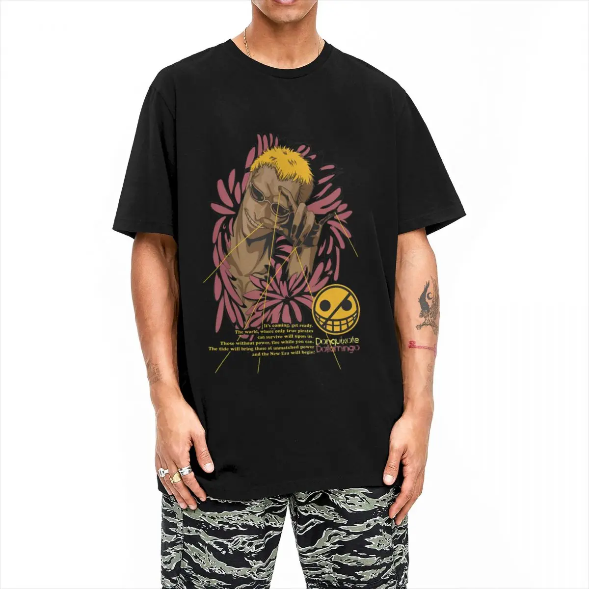 

Donquixote Doflamingo Bandai One Piece Men's T Shirts Anime Novelty Tees Short Sleeve Round Neck T-Shirts Cotton Party Clothes