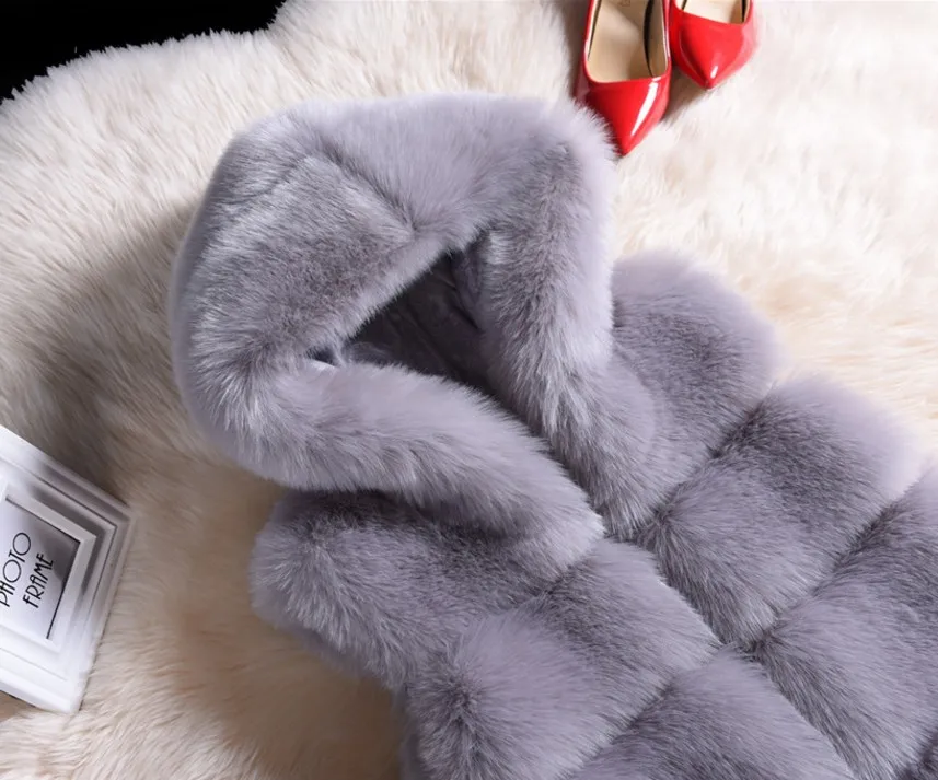 

2019 Women Winter Thicken Fluffy Plush Vest Open Front Hooded Mid-Length Waistcoat Oversized Loose Solid Color Jacket Outwear