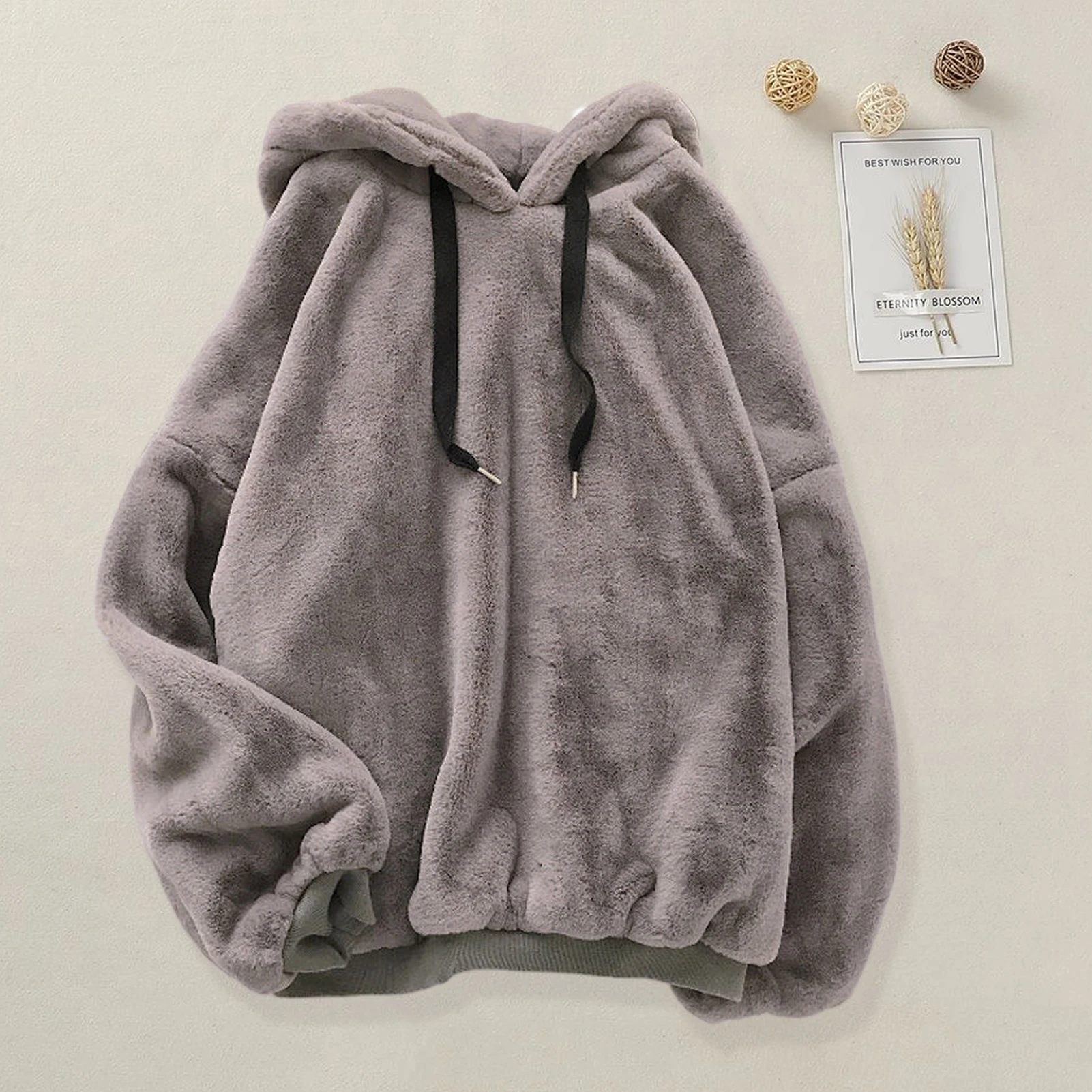 Женская осенне-зимняя черная плюшевая толстовка с капюшоном толстая на шнурке