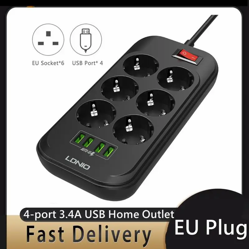 Сетевой фильтр с 4 USB-портами и поддержкой быстрой зарядки 3 А 6 евровилок |