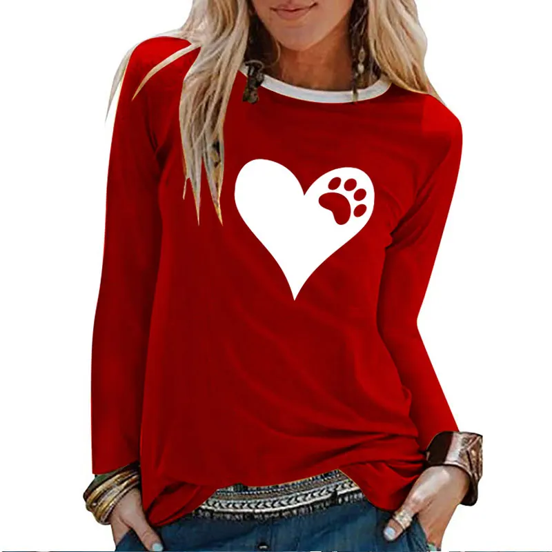

Heart Bear Paw Print Long Sleeve T-shirts Women Autumn Winter Shirts for Women Loose White Crew Neck Graphic Tees Streetwear