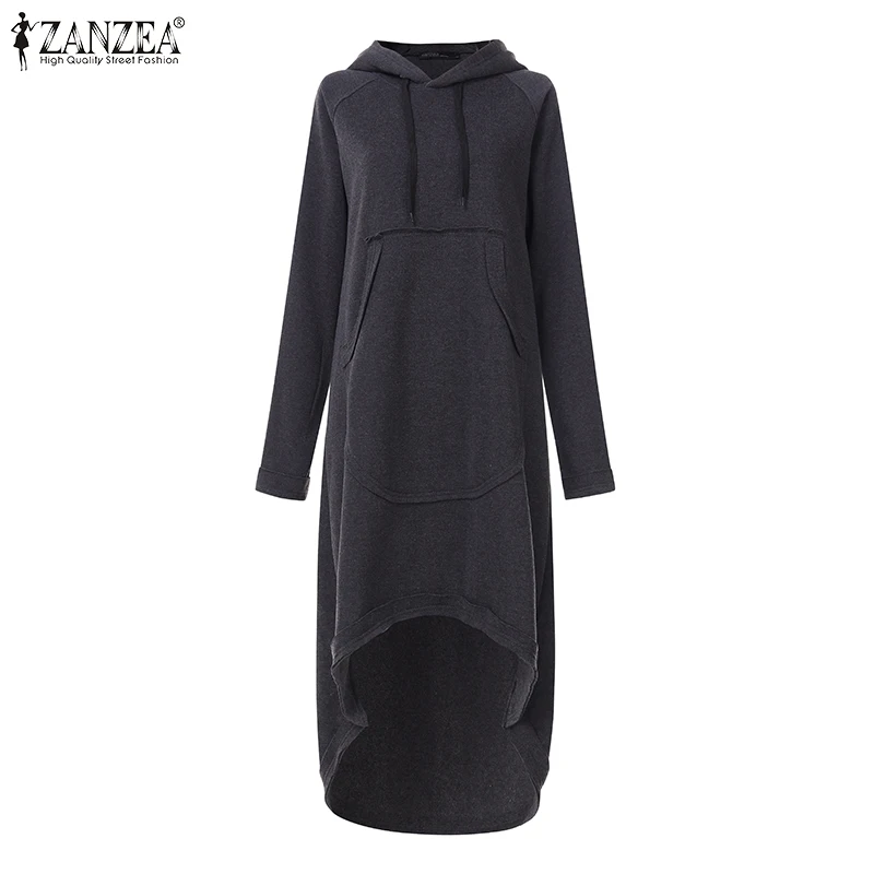 ZANZEA, Женская толстовка с капюшоном, длинный рукав, флис, сплошные карманы, неровный подол, длинный свитер, платье, худи, пуловер, Vestido размера плюс