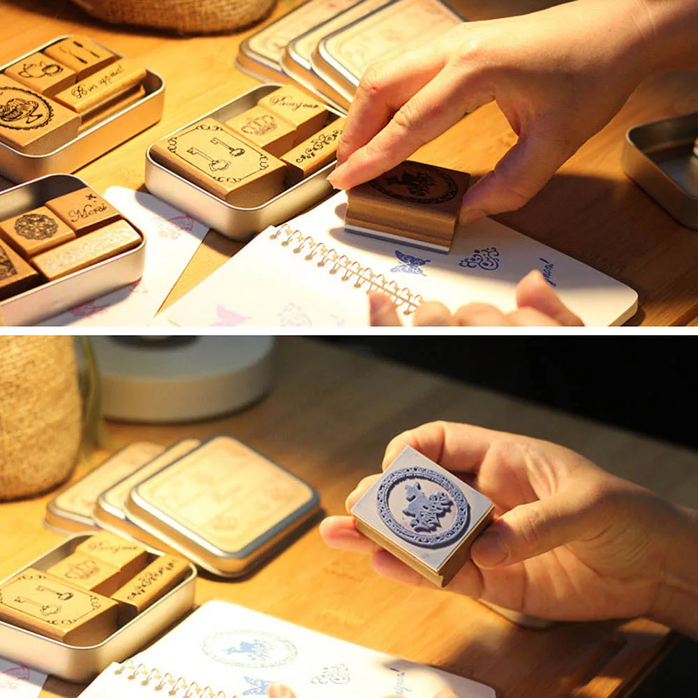 

Wood Stamps Happy Time Style Rubber Stamp Set Diary Iron Box & DIY 1Pcs