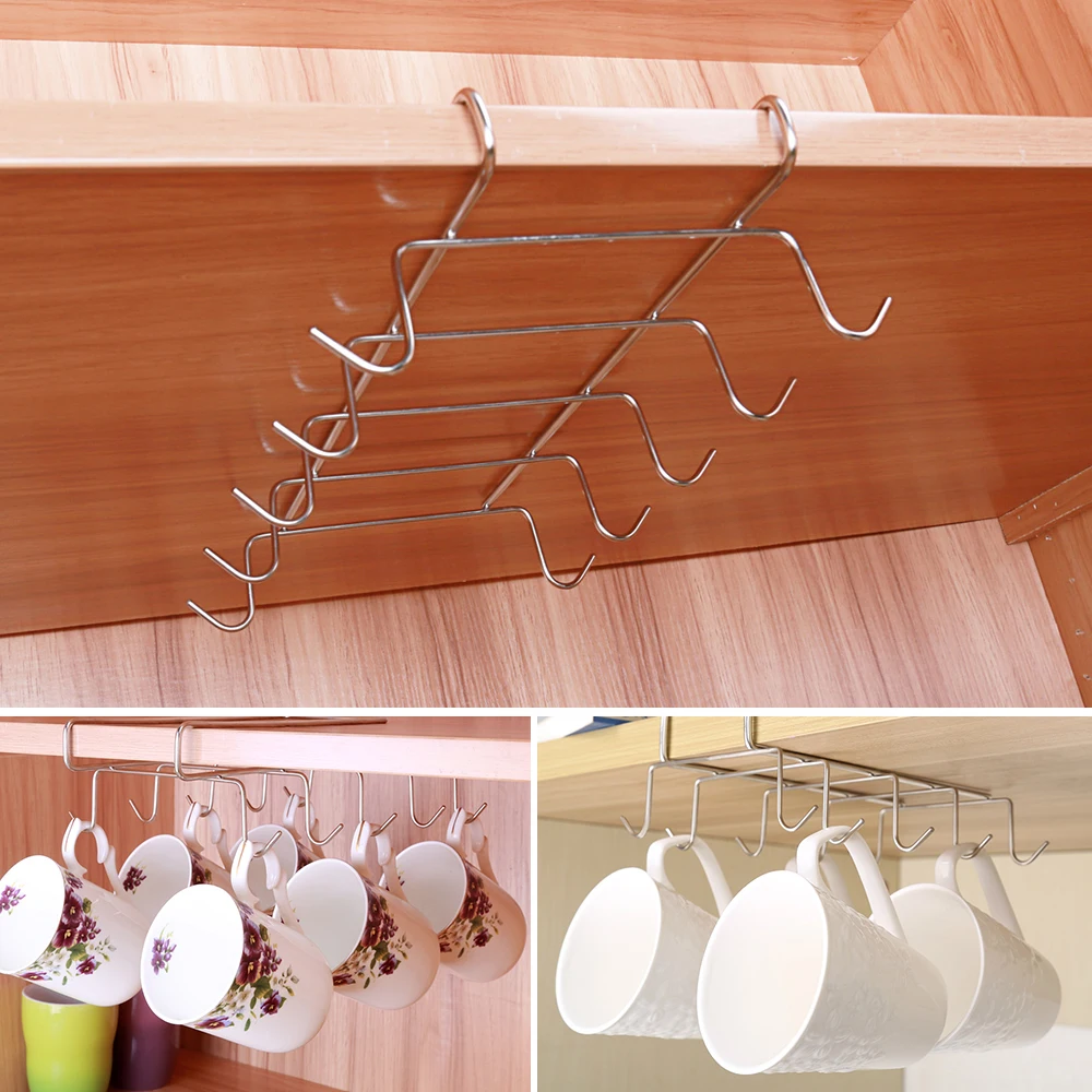 

Stainless Steel Hanger Hooks Cupboard Coffee Cup Holder Drainer Hanger Closet Under Shelf 10 Hook for Storage Cup Glass and Mug