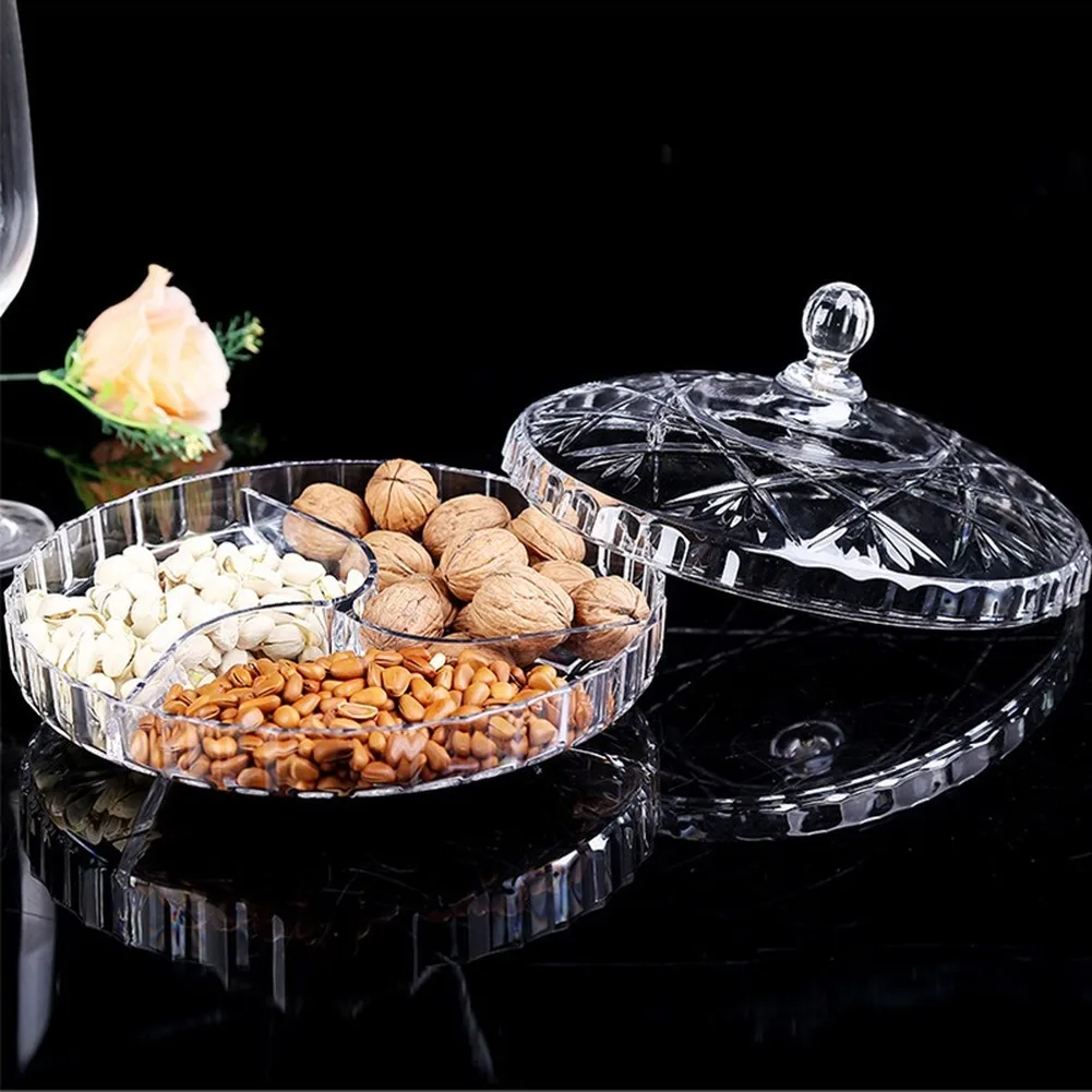 plate fruit basin dry candy dish sugar nuts peanut Acrylic food plate Non-slip transparent storage can box with Cover