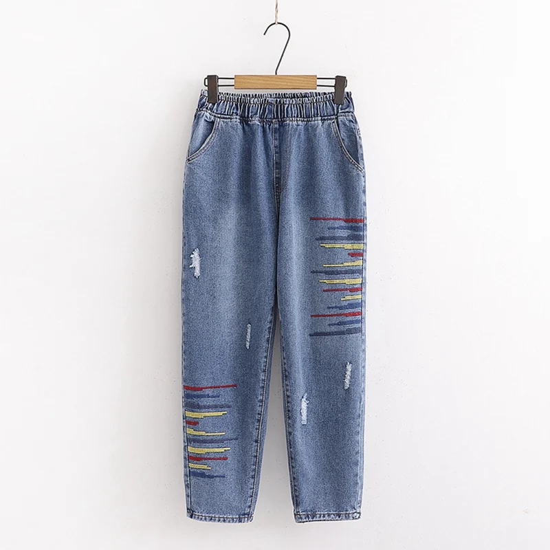 2019 модная Осенняя женская одежда длинные джинсовые штаны шаровары потертые