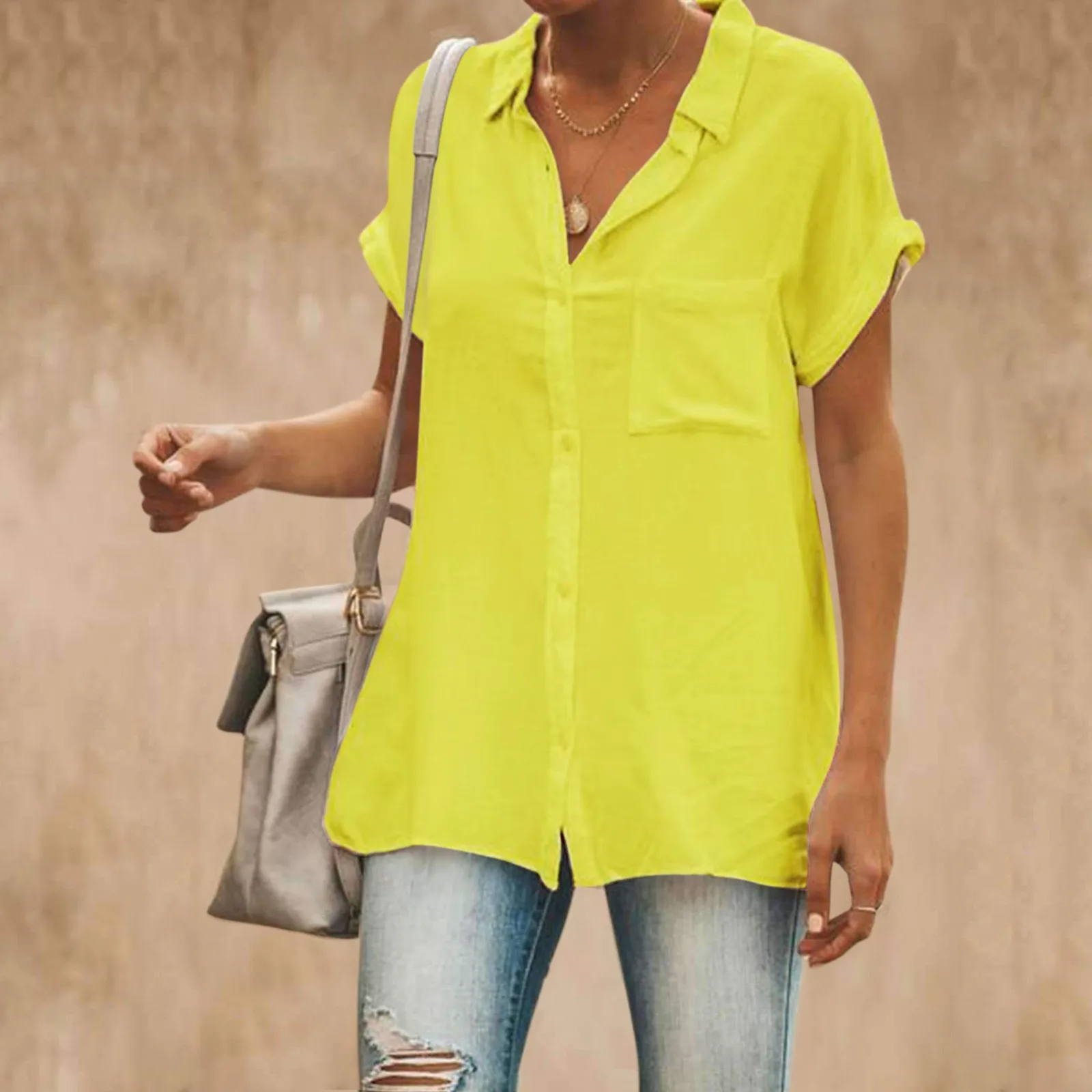 

40# Plus Size Solid Color Women Blouse Turn-down Collar Buttons Short Sleeves Shirts Casual Basic Street Blouse Female Top