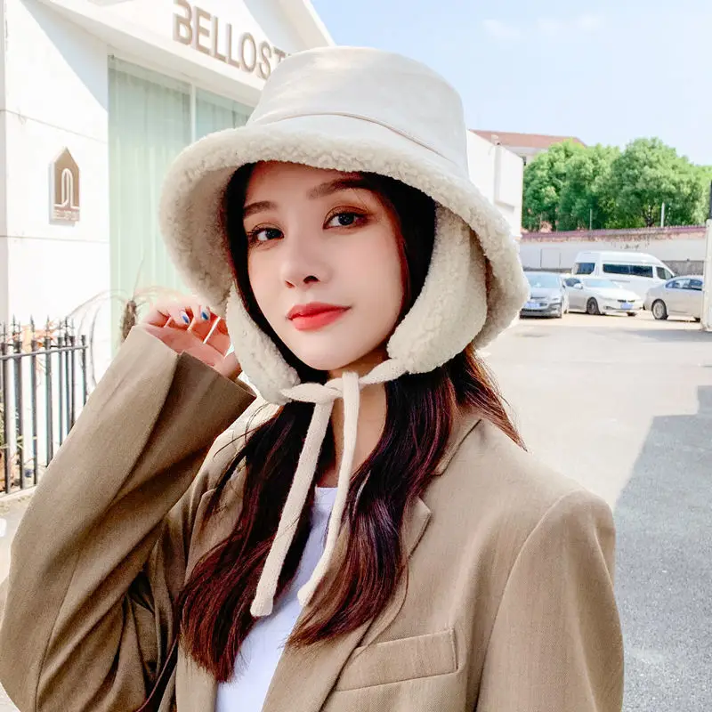 Women's Warm Winter Plush Cycling Ear Protection Bucket Hat Korean Lovely Basin Hat Student Russian Hats Fleece Fisherman's Hat