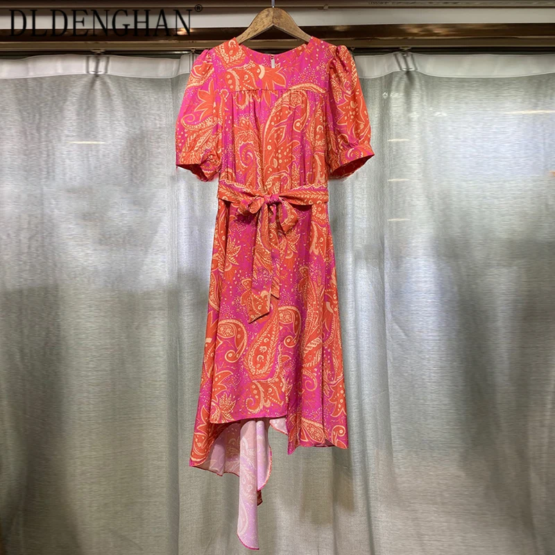 

DLDENGHAN Fashion Designer Indie Folk Print Dress For Women Lace Up O-Neck Short Sleeve Hem Asymmetrical Dresses Summer New