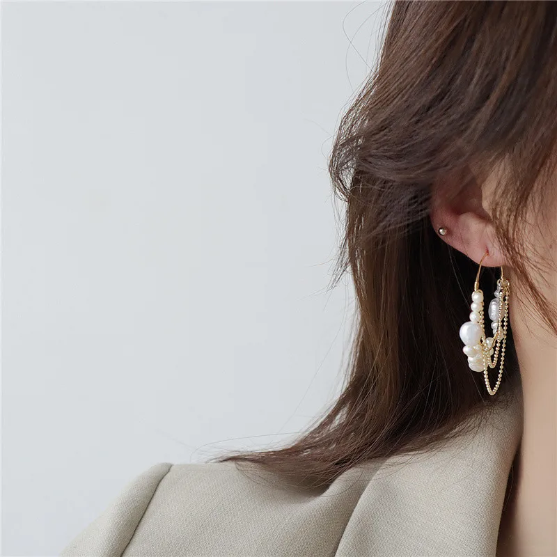 

Vintage natural freshwater pearl 14k real gold hoop earrings for women Chain tassels earrings luxury ear jewelry accessories