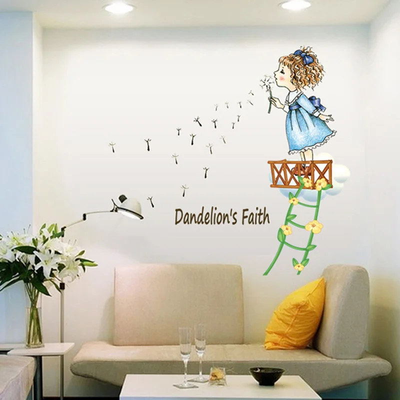 

Wall Stickers for Kids Children Little Girl Dandelion Waterproof Cartoon Vinyl Decals Wall Posters PVC Mural Home Decoration